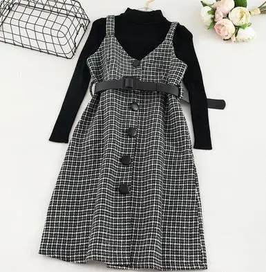 black 2 Sanishroly, комплект из двух предметов, Осень-зима, Женское шерстяное платье на бретелях с поясом, клетчатое платье, комплекты, женский свитер с длинным рукавом, Vestidos 815 - Цвет: black 2
