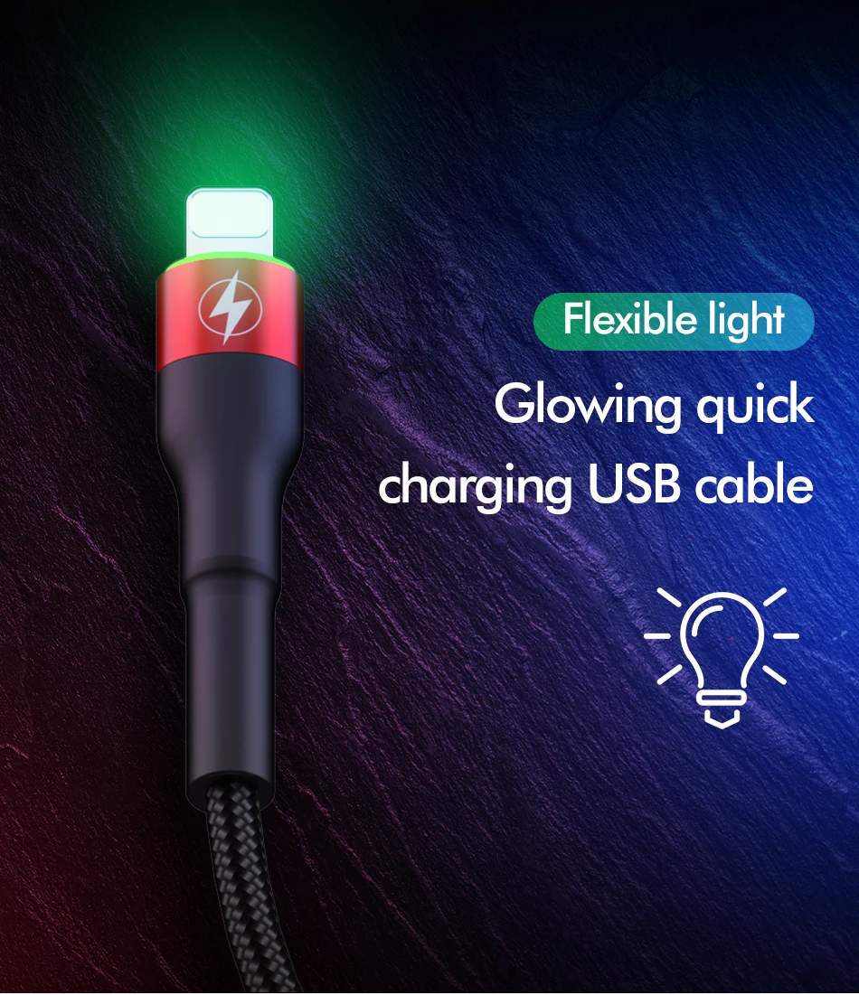 ROCK Metal Led usb-кабель со светом для iPhone 11 Xs MAX Xr X 8 7 6 6s Plus Быстрая зарядка для iPad 100 см 200 см 50 см Быстрая зарядка данных