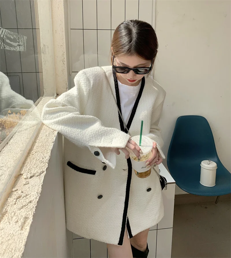 

Cardigan Sweater Heavy Industry Contrast Color V-Neck Long Sleeve Coat Autumn Chic Age Reduction Casual Cardigan Top Women's