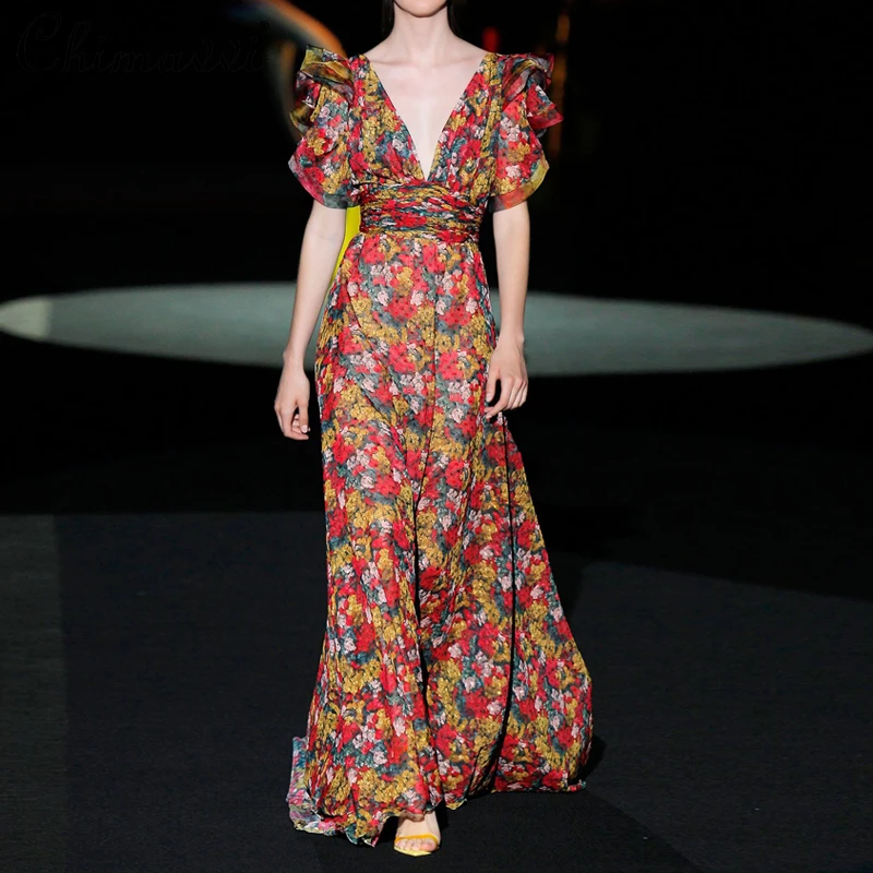

Floral French Vintage Floral Maxi Dress for Women 2021 Summer High Waist Slimming Dress Hepburn Sexy V-neck Dress Floor-length