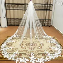 Real Photo 3m.4m.5m One Layer Wedding Veil With Comb White Lace Edge Bridal Veils Ivory Appliqued Cathedral Wedding Veil