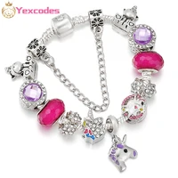 yexcodes silver plated charm bracelet bangle with rainbow unicorn beads women wedding jewelry 4 colors 16cm 21cm gifts