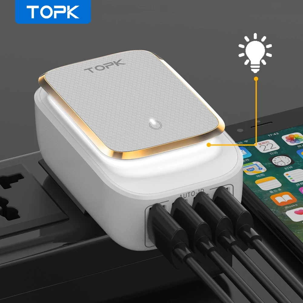 

TOPK B4405 4-Port 4.4A(Max) 22W EU USB Charger Adapter LED Lamp Auto-ID Portable Phone Travel Wall Charger for iPhone Samsung