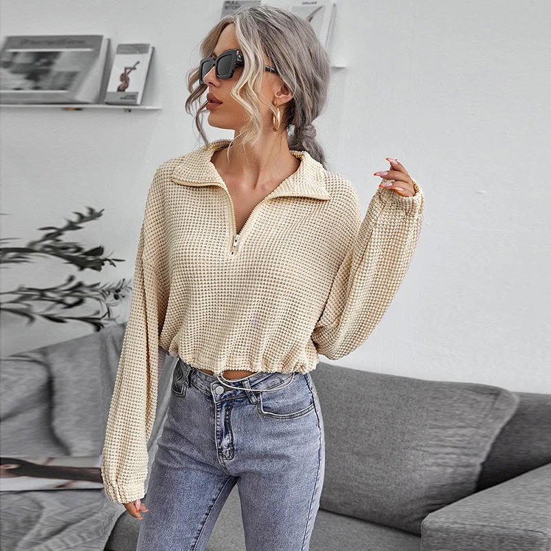 

Knitted Polos T-shirt Women Long Sleeves Solid Casual Turn Down Collar Drawstring Zipper Female Crop Tops Pullover