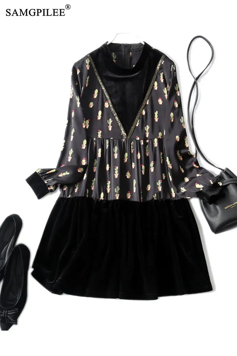 

High End Gold Velvet Stitching Chiffon A-shaped Plus Size Loose Long Sleeve O Neck Women Dress Autumn And Winter 2021 New 4XL