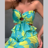 liyong ruffles women maxi dress summer print strapless backless bandage beach dresses female hole sexy loose dresses