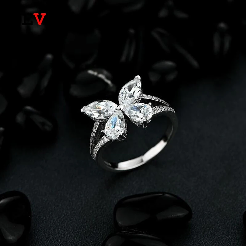 

OEVAS 100% 925 Sterling Silver Sparkling High Carbon Diamond Butterfly Wedding Ring For Women Party Fine Jewely Anniversary Gift