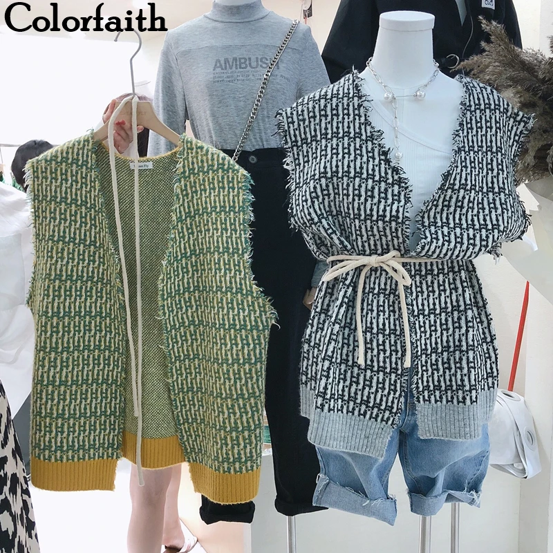 Colorfaith 2019 новые осенние зимние женские свитера без рукавов с v-образным вырезом