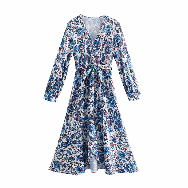 

YENKYE Autumn Women Vintage Print Boho Long Dress Elegant Ladies V Neck With Belt Holiday Casual Dress A-line Vestido