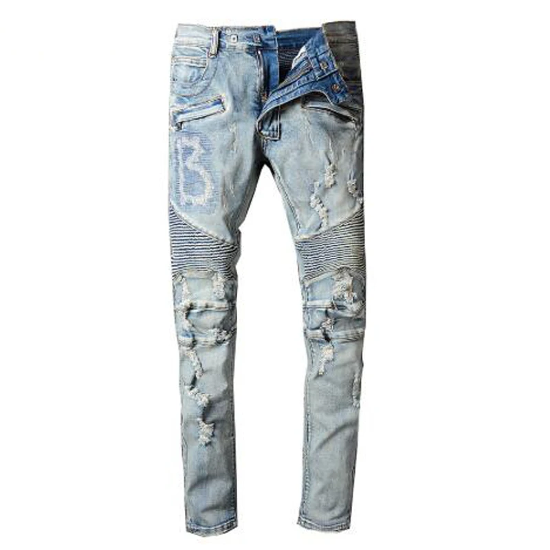 

New Men's male vintage light blue holes ripped biker jeans for motorcycle Casual pleated torn stretch denim slim pants trousers