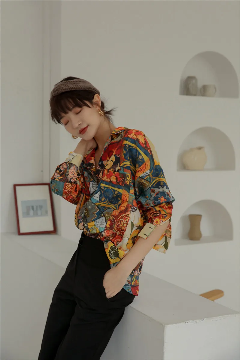 Cheerart подсолнечника Винтаж блузка цветочный Рисунок Top Блузка с длинными рукавами рубашка на пуговицах для Для женщин осень