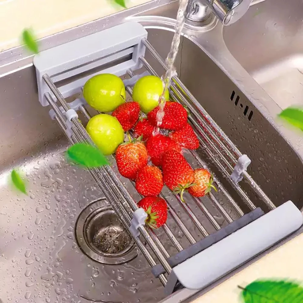 

Adjustable Stainless Steel Drain Basket Over The Sink Dish Drainer Rack