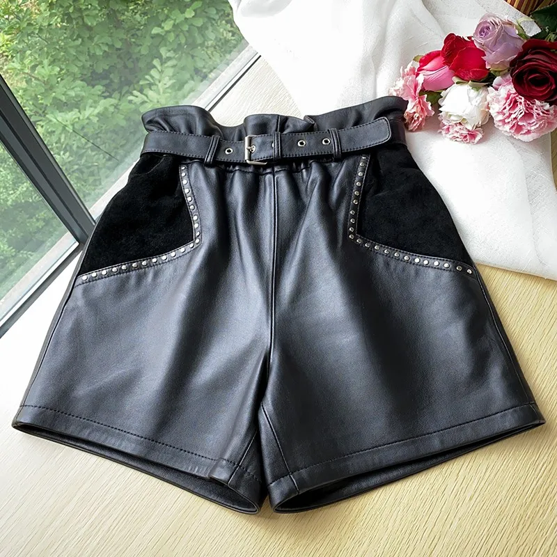 

2021 New Women Loose Fit Belted Elastic High Waist Shorts Suede Leather Patchwork Genuine Leather Shorts Casual Flare Trousers