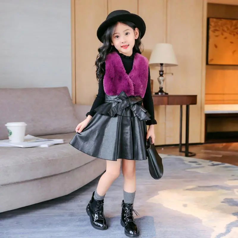 Girls sweater dress Faux fur vest 3-7 years old girl children's princess Bow Princess Dress christmas Korean | Детская одежда и