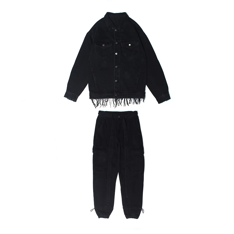 Black Sets Комплекты из 2 предметов, мужские модные рваные джинсовые куртки, пальто и свободные штаны на молнии, джоггеры, комплект уличной одежды в стиле хип-хоп - Цвет: Black Sets