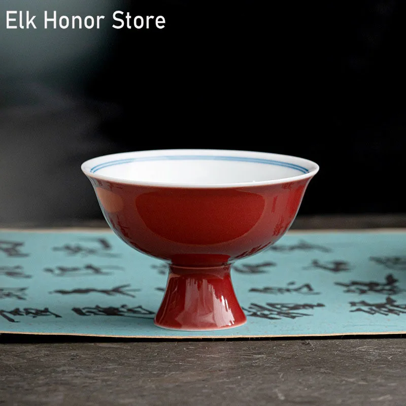 

Handmade Red Galze Porcelain Tea Cup Anti Scalding High Foot Cup Kung Fu Tea Set Single Master Cup Household Smelling Wine Cup