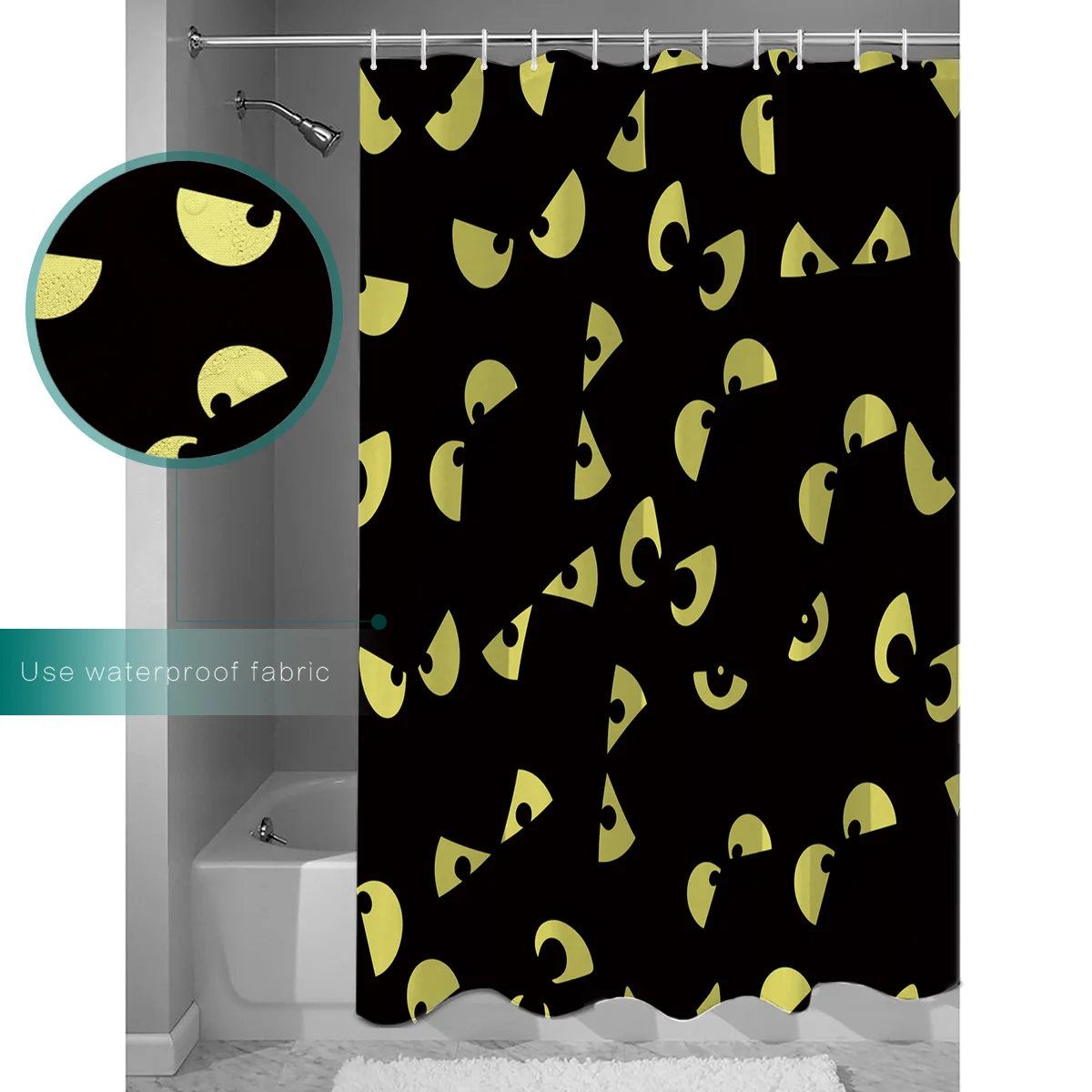 Занавески для ванной желтые глаза на черном фоне водонепроницаемая ткань
