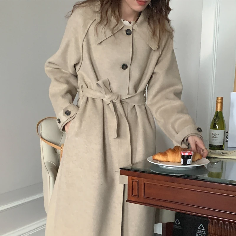 

Женское двубортное твидовое пальто SuperAen, однобортное Свободное пальто с отложным воротником, на шнуровке, во французском ретро стиле