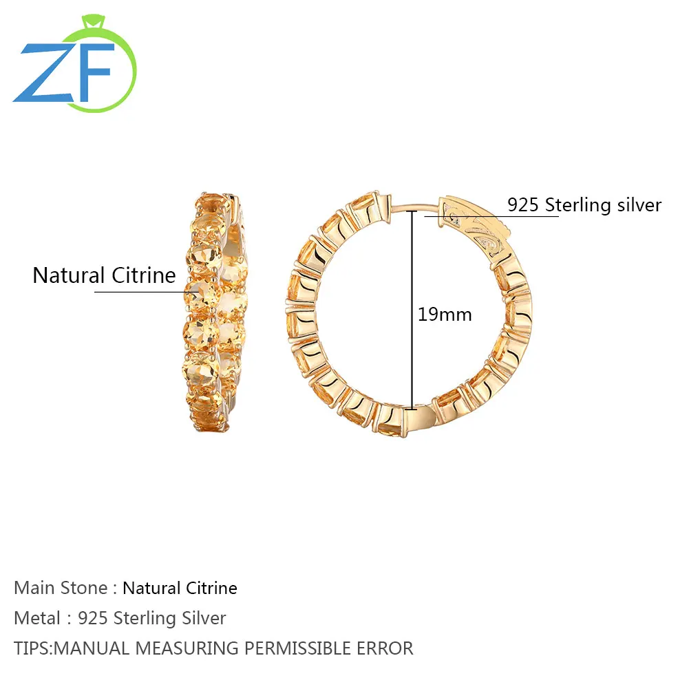 

GZ ZONGFA High Quality Fine Jewelry Elegant Ladies Earrings 925 sterling silver Natural Citrine gem Hoop Earrings