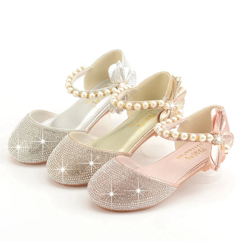 

Girl Wedding Shoes Glitter Diamond Flat Shoes Children Princess Buns Sandals Dance Children Fashion Party Shoes with Pearls