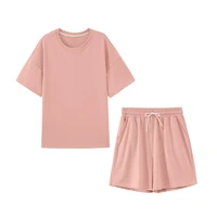 womens casual solid color tracksuits two peices set leisure outfits cotton oversized t shirts high waist shorts candy clothing