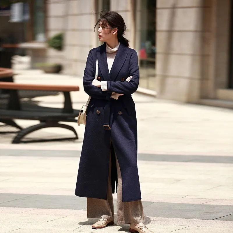 

ripple wool Water autumn and winter new thin temperament double-faced female double-breasted fashion coat