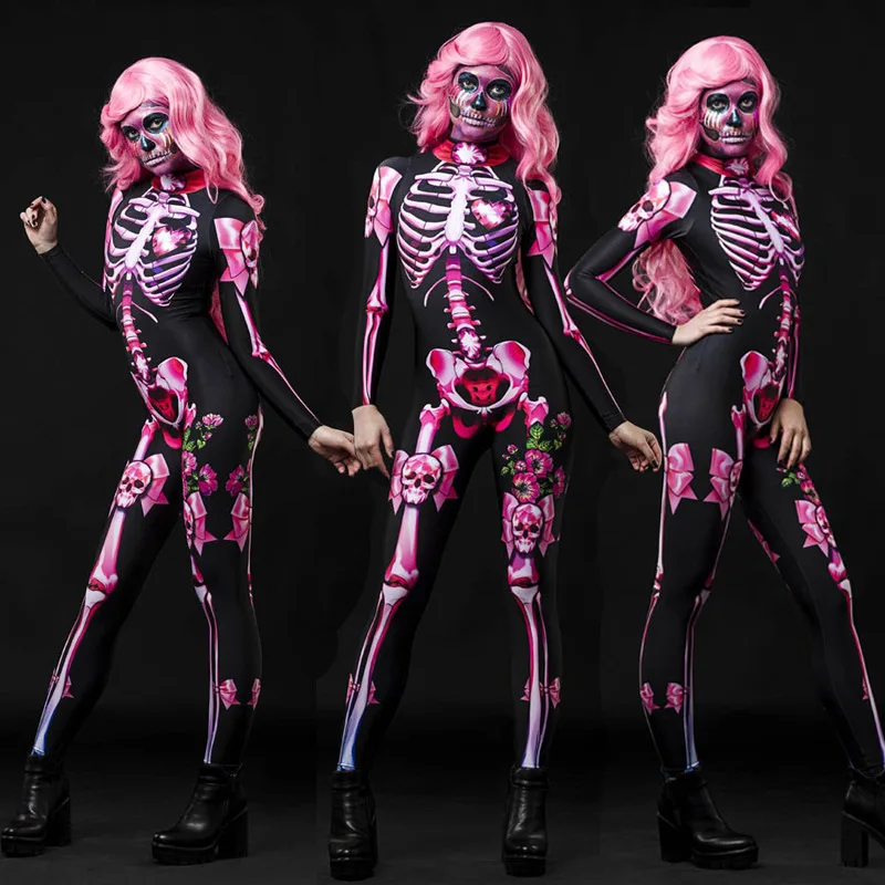 

2021 New Halloween Costumes Dance Party Cosplay Horror Skulls 3D Printing Adult Jumpsuit Tight Stretch Zentai Women Bodysuits