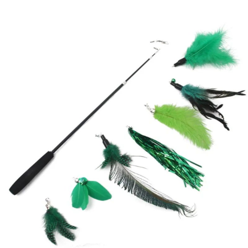 Funny Cat Toy Stick Set With Bell Feather Teaser Wand Interactive 7 Replacement Heads RetractableThree Section Fishing Rod | Дом и сад
