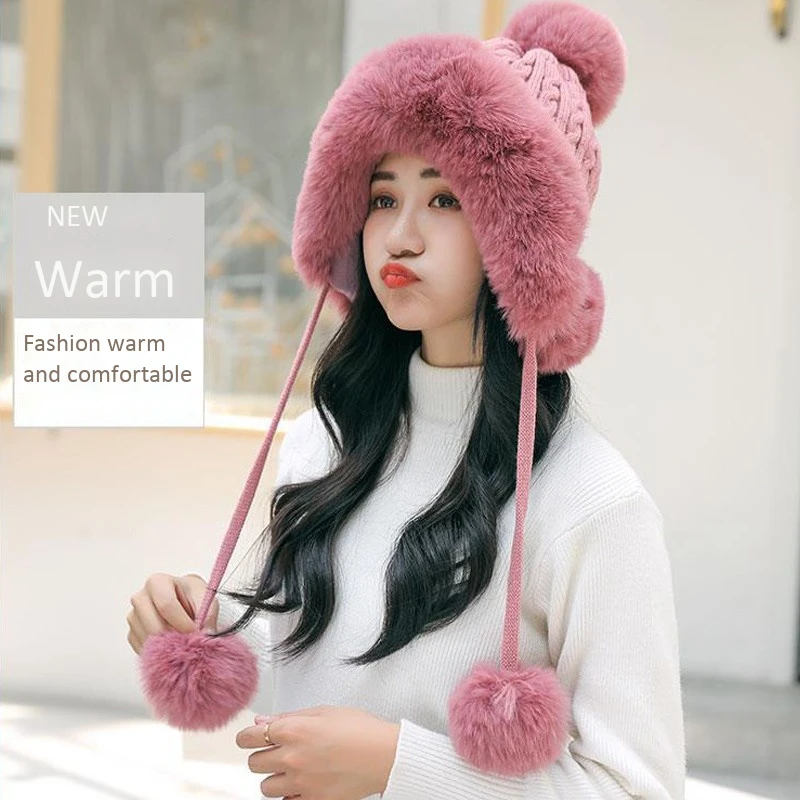 

Fashion Cute Warm Winter Knitting Beanies Bomber Hat Women Earflap Caps Pompom Snow Hats Ski Cap Skullie Lady Outdoor Travel Hat