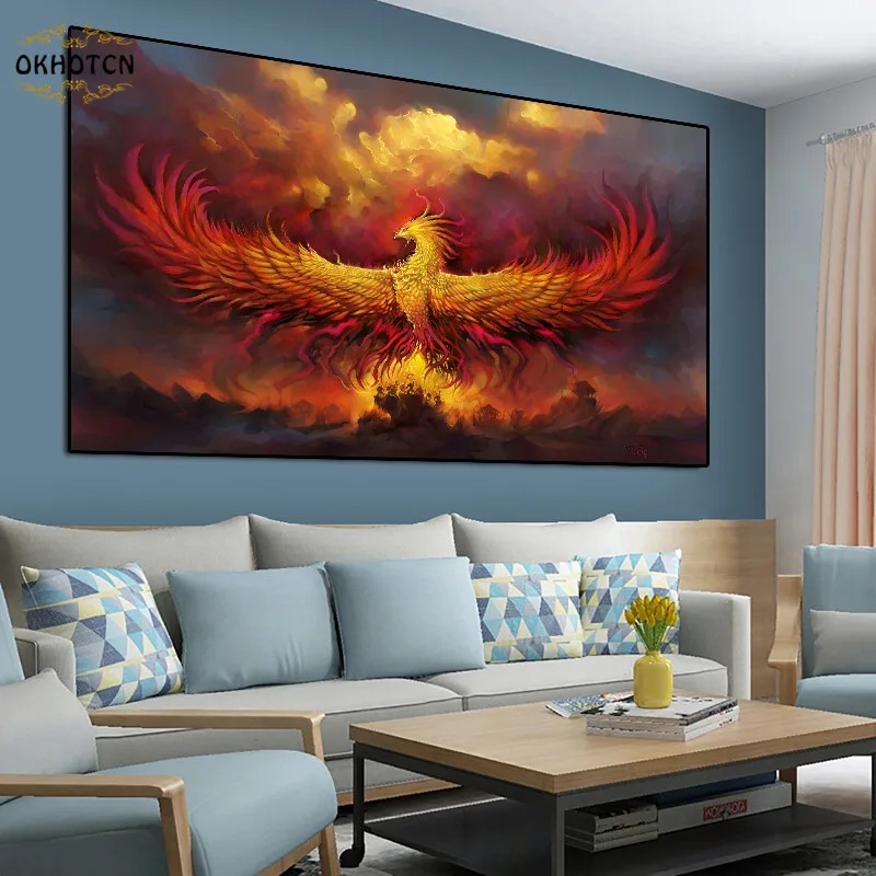 Абстрактная Картина на холсте с изображением восточных фениксов Настенная