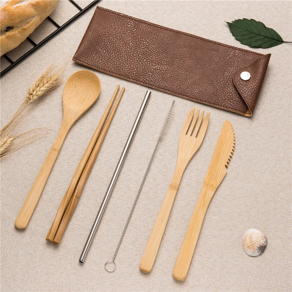 Набор деревянных столовых приборов из бамбуковой соломы набор посуды с тканевым