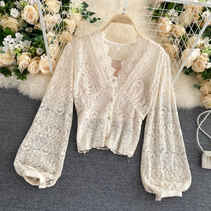 Кружевные блузки топы с пышными рукавами новинка 2020 Женская кружевная