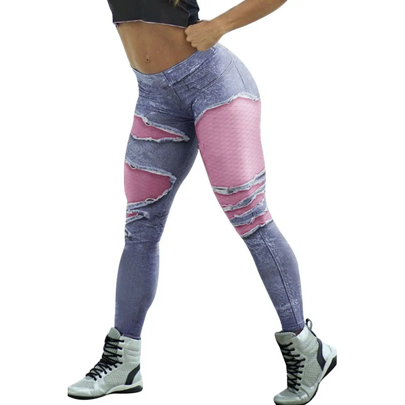 Style3-pink Женские леггинсы для фитнеса, высокая талия, модные, тонкие, сексуальные, с дырками, цветочный принт, повседневные, размера плюс, выдалбливают, из искусственного денима, леггинсы, брюки-карандаш - Цвет: Style3-pink