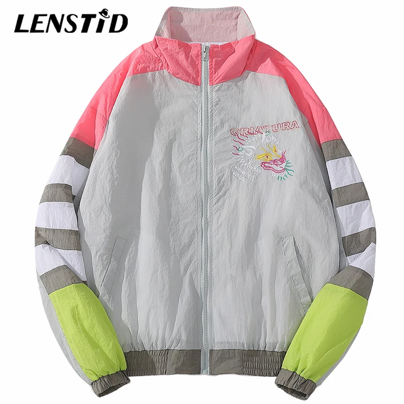 LENSTID мужские куртки в стиле хип хоп ветровка с цветными блоками Лоскутная Вышивка