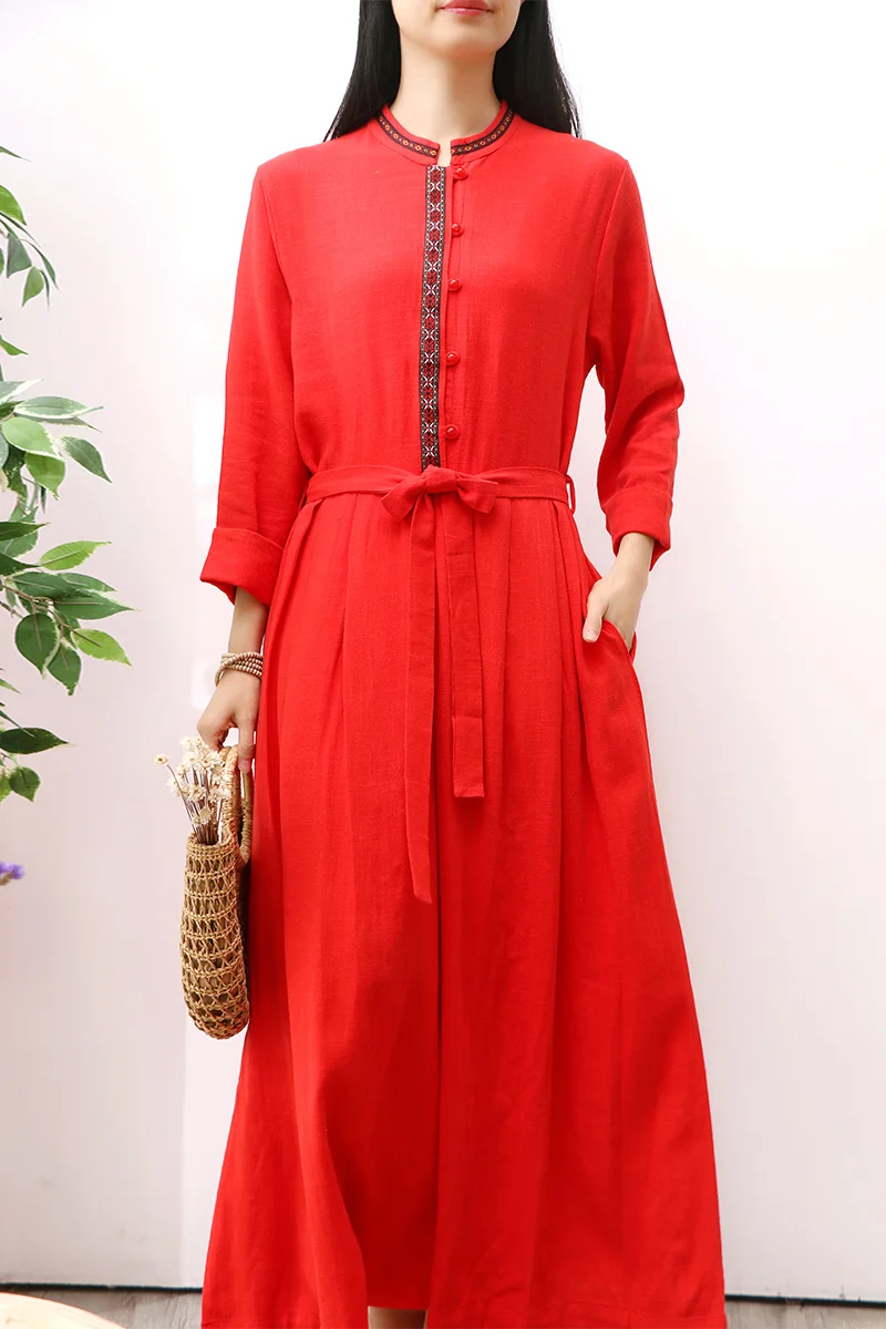 

Women Dress Spring Autumn Korean Fashion Vintage Elegant Slim Embroidery Long Dress Casual Loose Red Cotton And Linen Dress