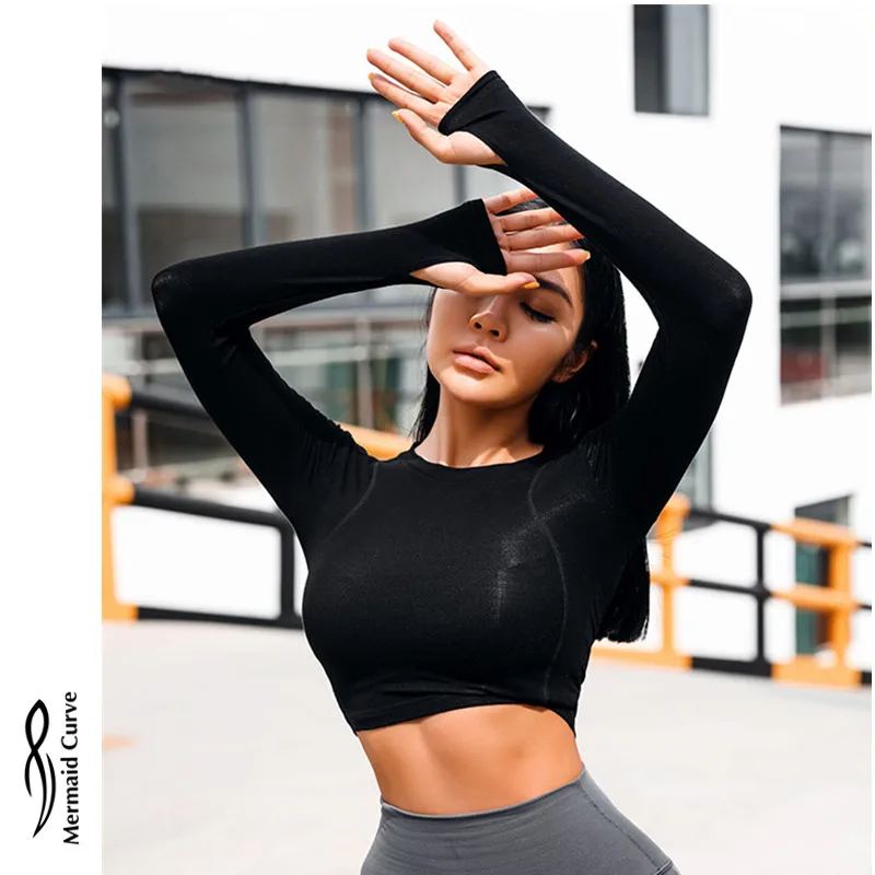 Спортивная одежда с длинным рукавом облегающий женский кроп-топ футболка топ для