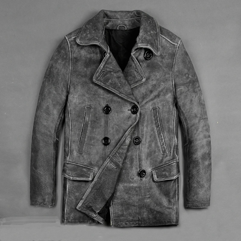 

Men Vintage 2020 Gray Motorcycle Leather Jacket 100% Genuine Thick Cowhide Male Suit Coats M-XXXL