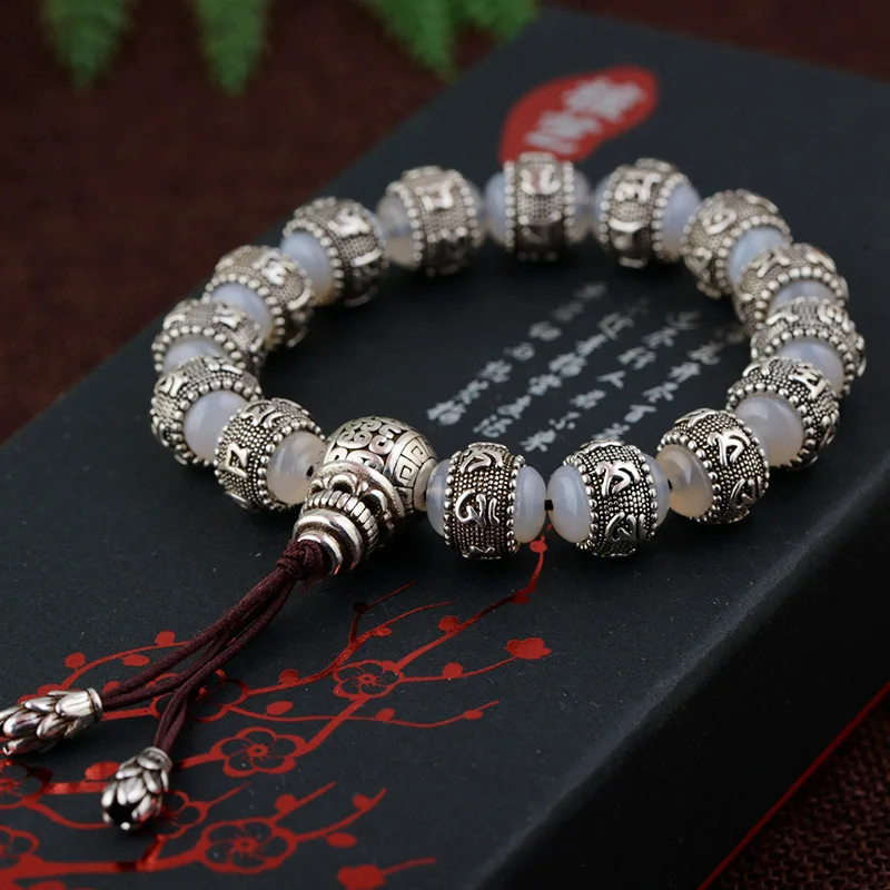 Ом Мани Падме Хум браслет Халцедон инкрустированный 925 серебро натуральный