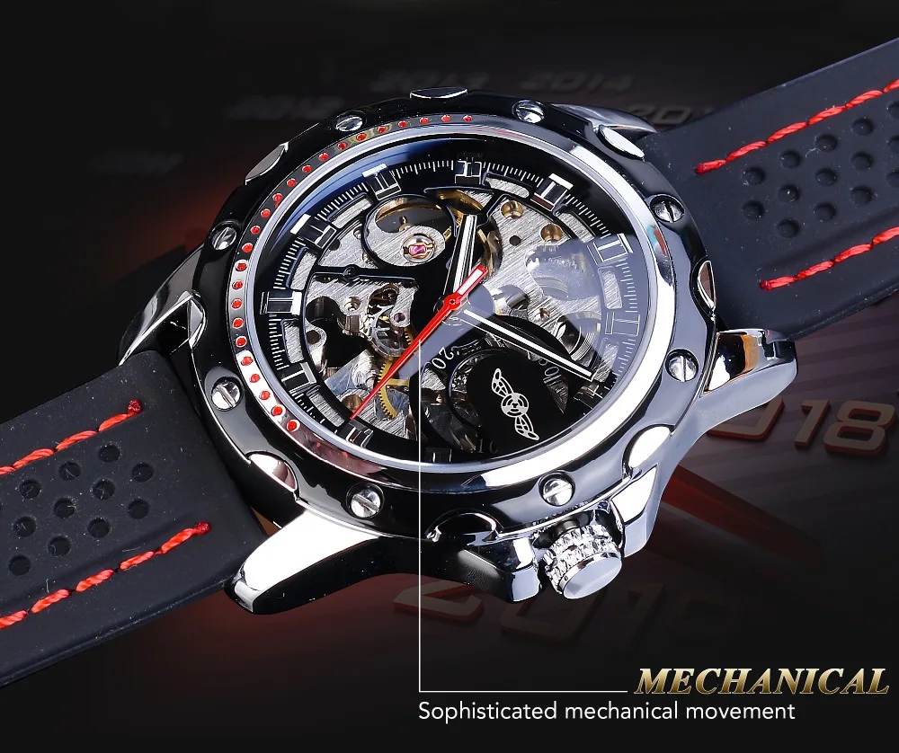 Winner черные мужские военные механические часы с автоматическим скелетом, аналоговые гоночные спортивные часы с силиконовым ремешком, мужские наручные часы Reloj