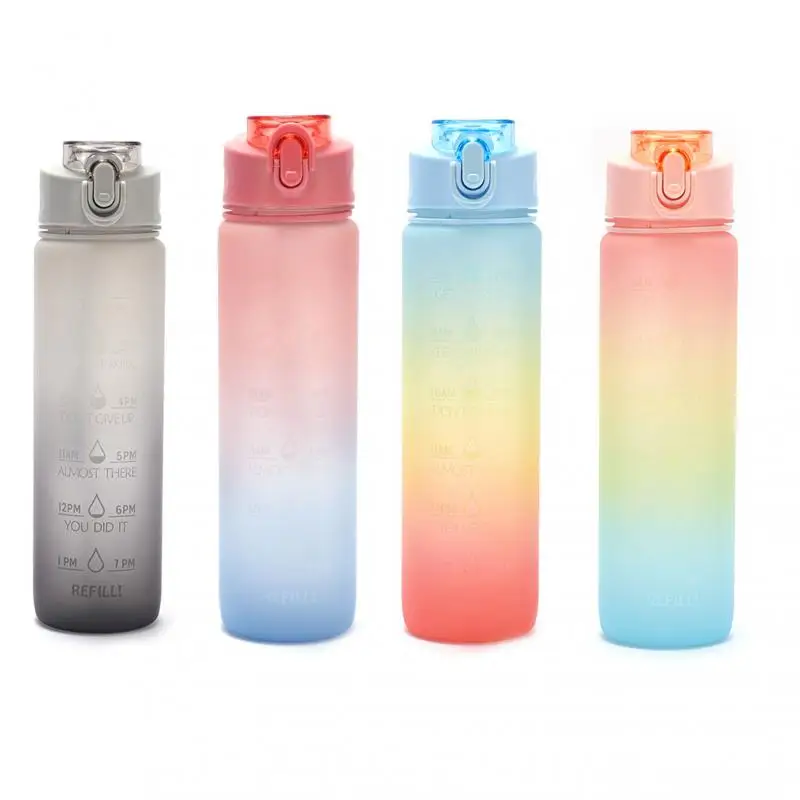 

1L Large Capacity Water Bottle Straw Cup Rainbow Gradient Plastic Water Cup Time Scale Frosted Outdoor Sports Student Couple Cup