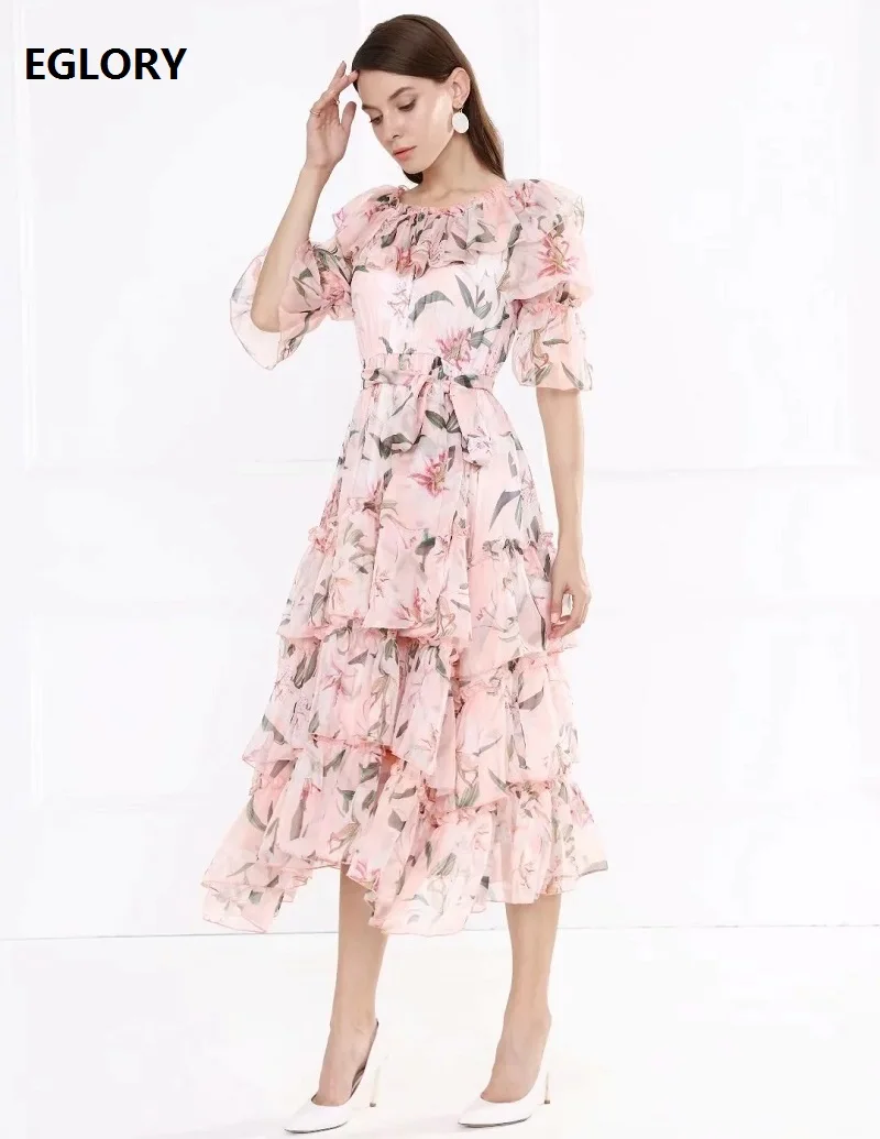 

Sweet Pink Dress 2020 Spring Summer Casual Beach Women Sexy Off Shoulder Elegant Flower Prints Half Sleeve Mid-Calf Dress Sun