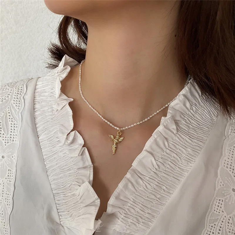 RUIYI Real 925 Sterling Silver Women Fashion 18K Gold Angel Charm Pearl Chain Chokers Girls Stylish Clavicalis Niche Necklaces | Украшения
