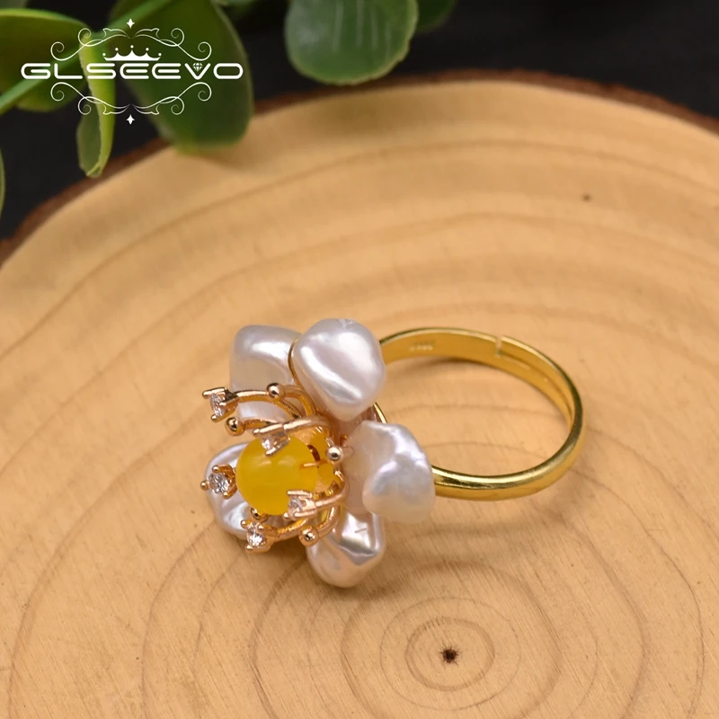 

GLSEEVO Natural Baroque Fresh Water Pearl Women's Flower adjustable Rings 925 Sterling Silver Handmade Gift Fine Jewelry GR0266B