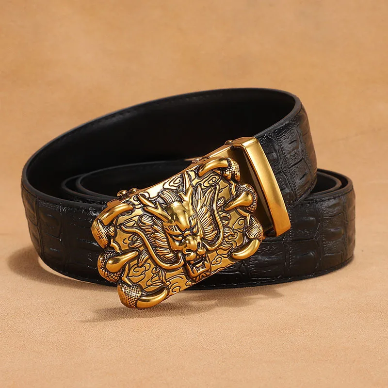 New Cowhide Belt Men's Automatic Buckle Men's Antique Brass Buckle Bibcock Young and Middle-aged Business Leisure Belt 3.5cm
