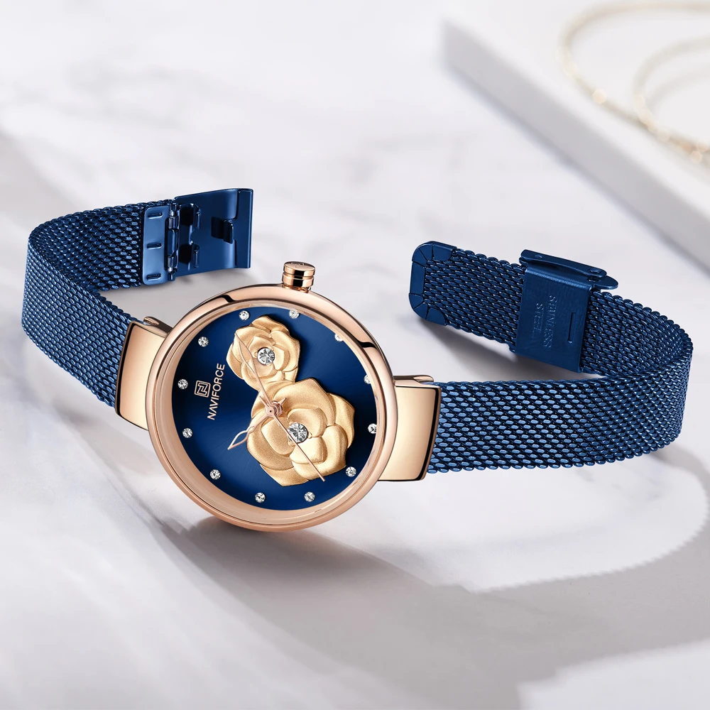 NAVIFORCE синие кожаные часы женские кварцевые высококачественные