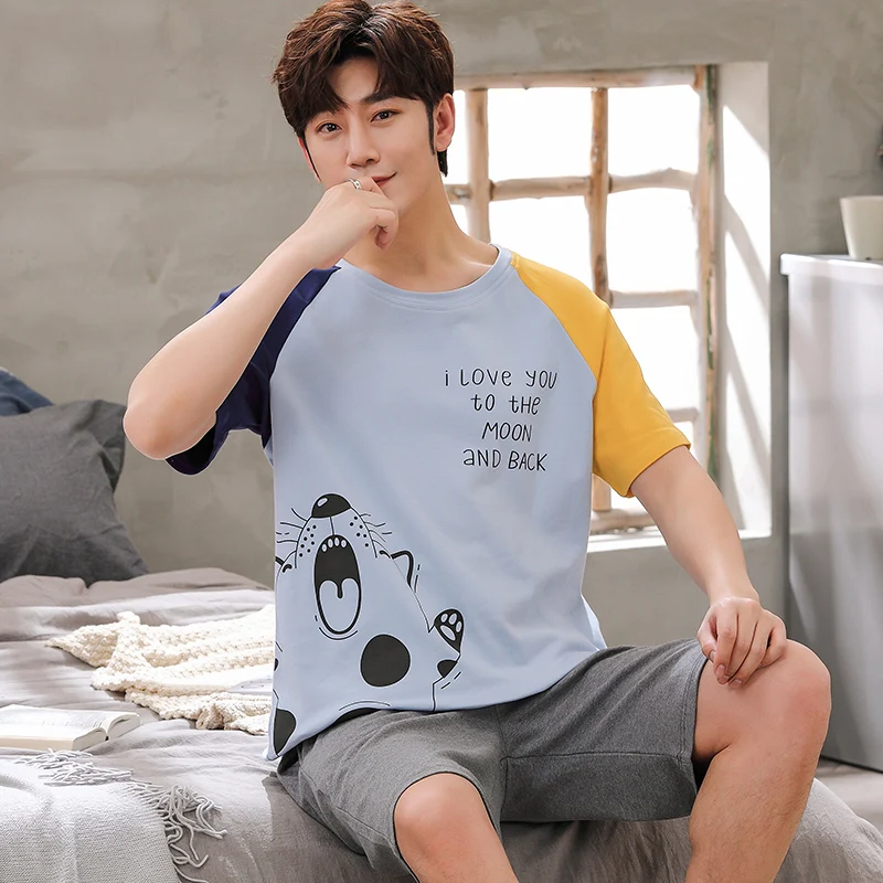 

Suit Cartoon Male Sleepwear Cotton Summer Pajamas Set For Men Thin Loose Short Sleeve Shorts Can Be Worn Outside Sports Homewear