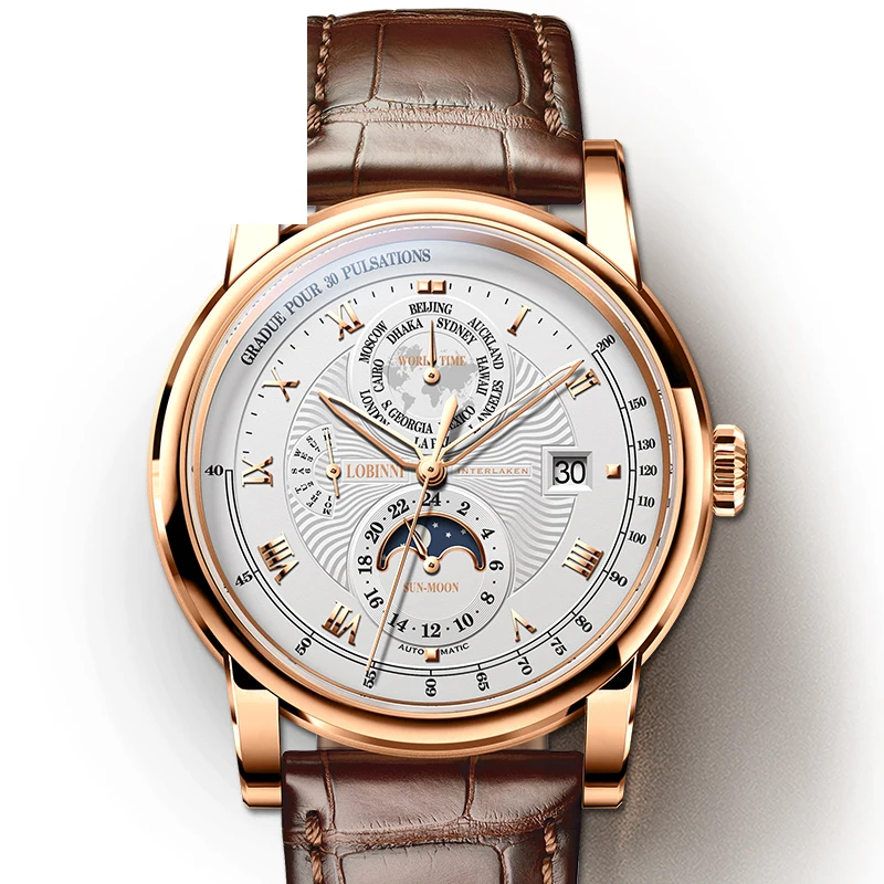 Швейцария LOBINNI мужские часы Moon Phase автоматические механические мужские наручные часы сапфир мировое время relogio masculin L16003-4 - Цвет: 05