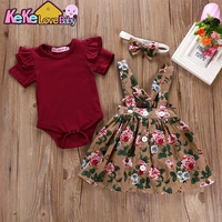 summer baby girl clothes set short sleeve bodysuit floral belt dress overalls 3pcs outfits toddler newborn infant girls clothing