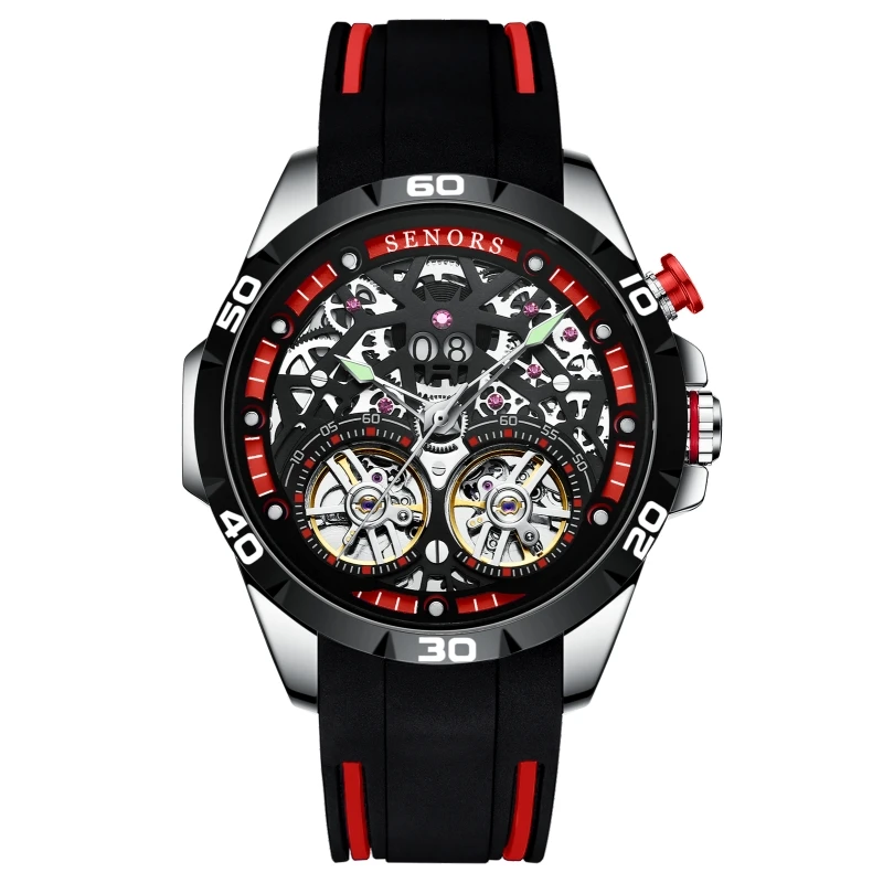 

SENORS Men Mechanical Automatic Wristwatches Waterproof 30M Double Tourbillon Watches Luminous Skeleton Men`s Watch Reloj Hombre