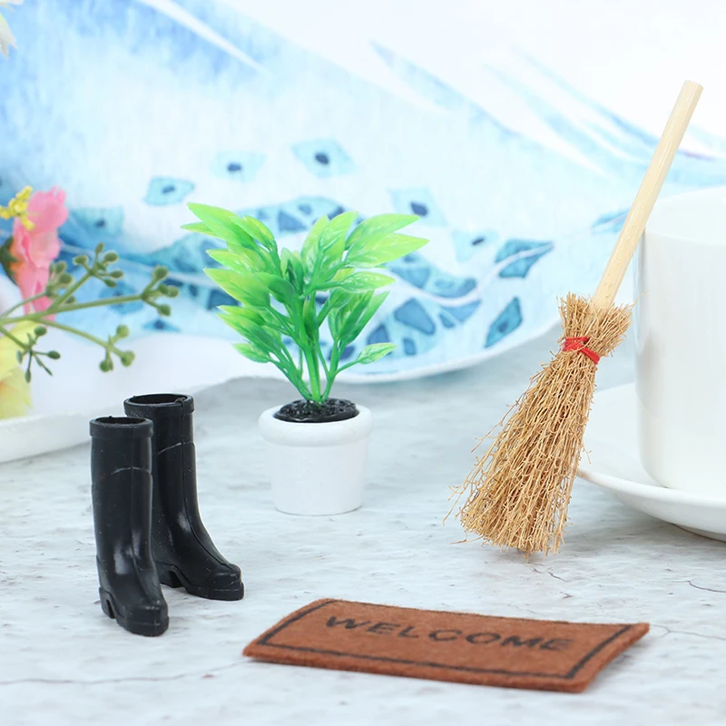 

1 Set 1:12 Dollhouse Mini Garden Model Potted Broom Dustpan Barrel Mat Shoes for Doll Garden Cleaning Tool Toys DIY Accessories